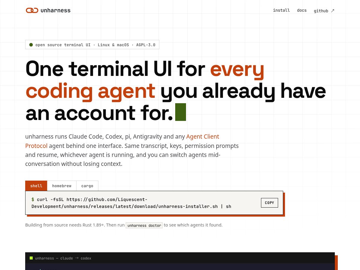 Landing-page snapshot of unharness.app