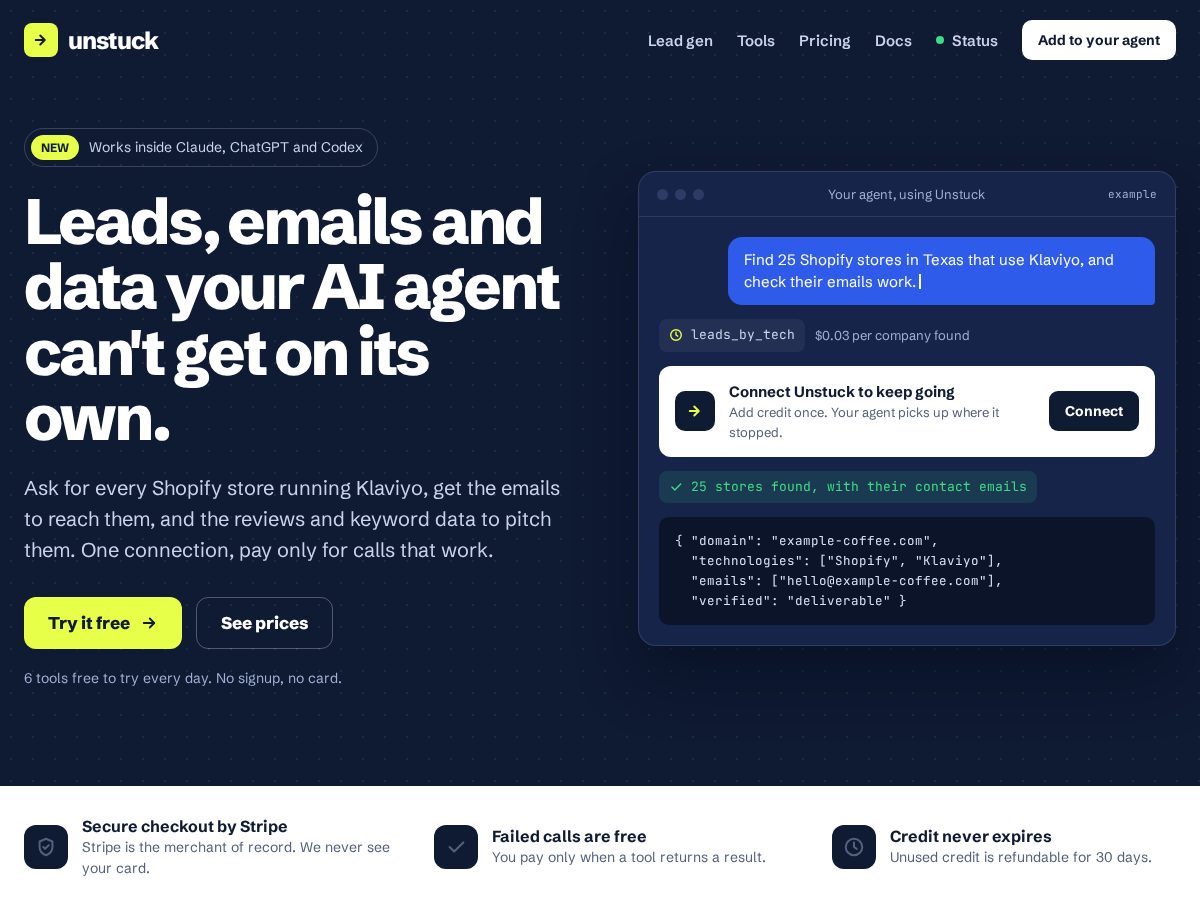 Landing-page snapshot of unstuckapi.com