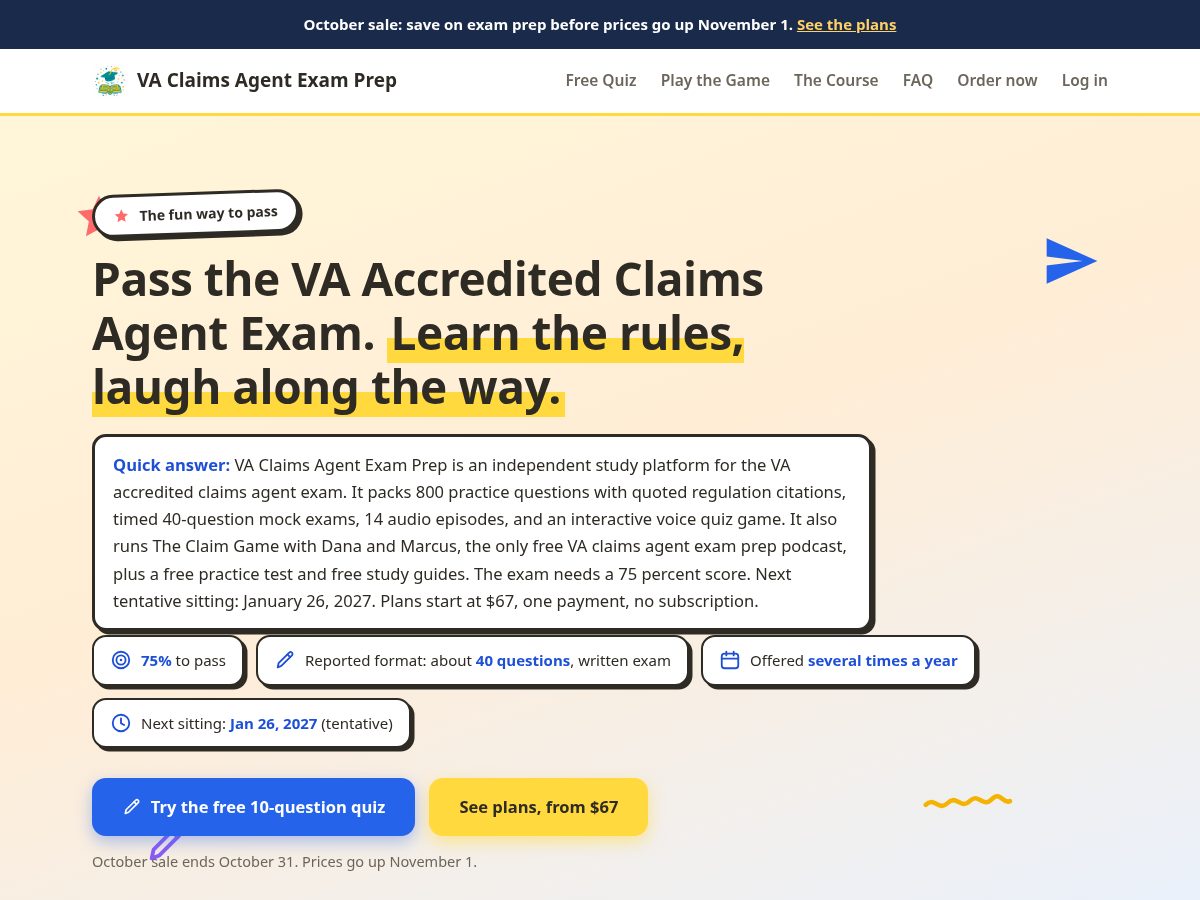 Landing-page snapshot of vaclaimsagentprep.com
