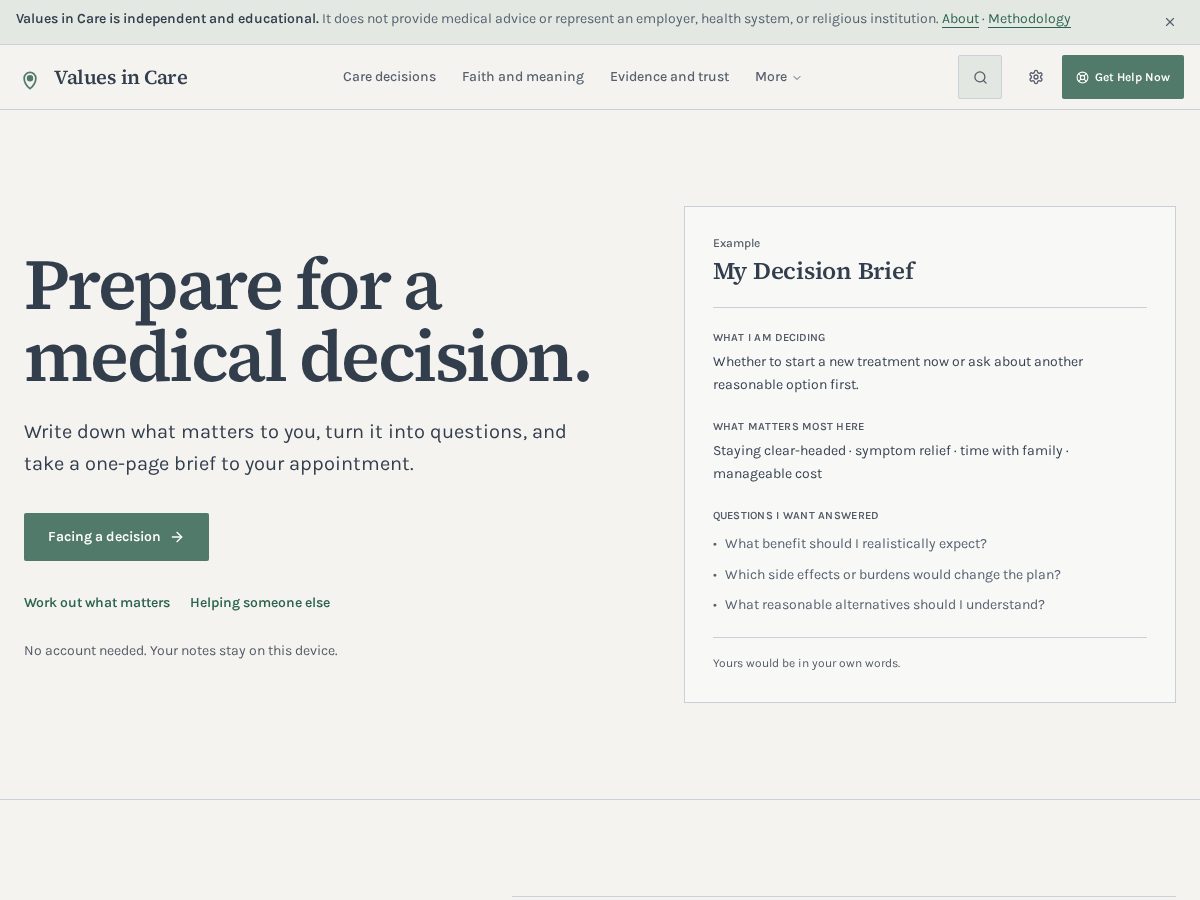 Landing-page snapshot of valuestocare.com