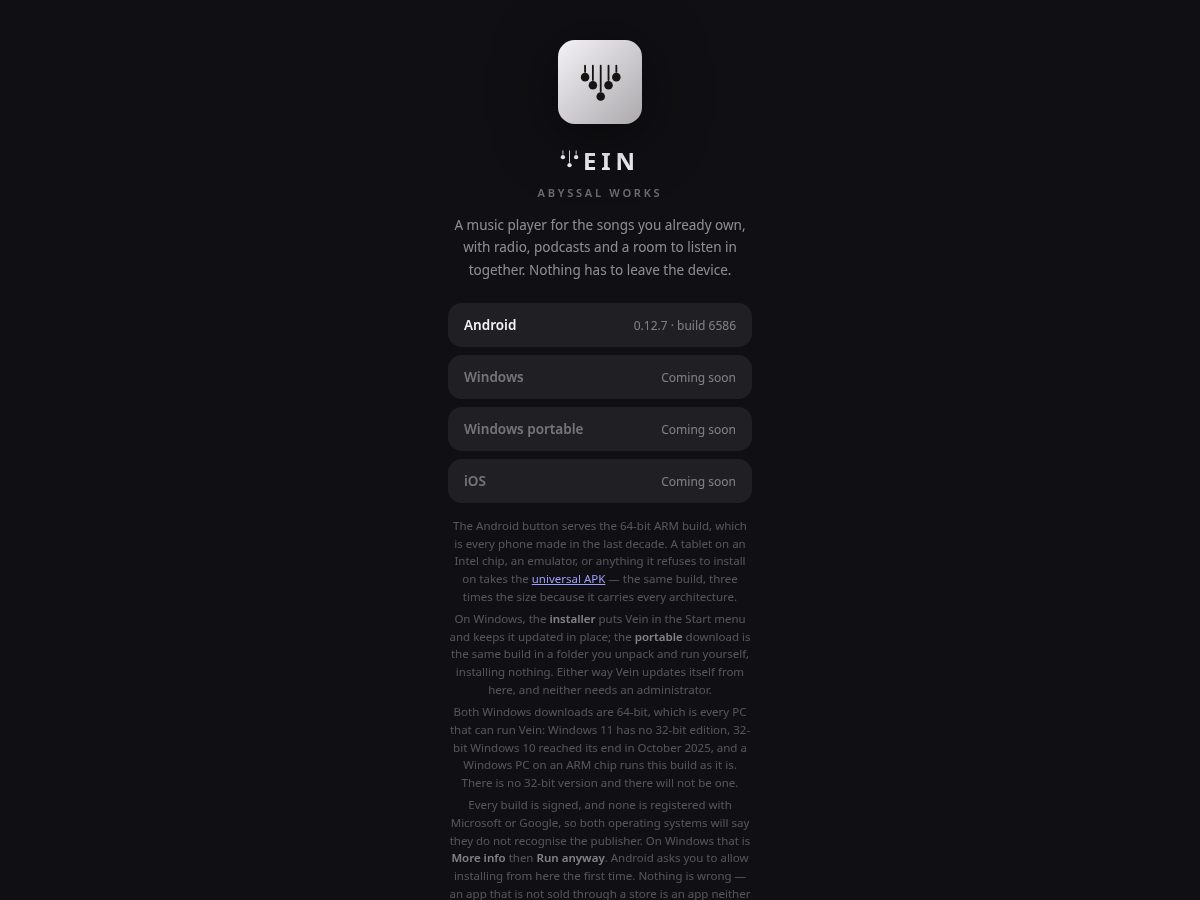 Landing-page snapshot of veinmusic.app