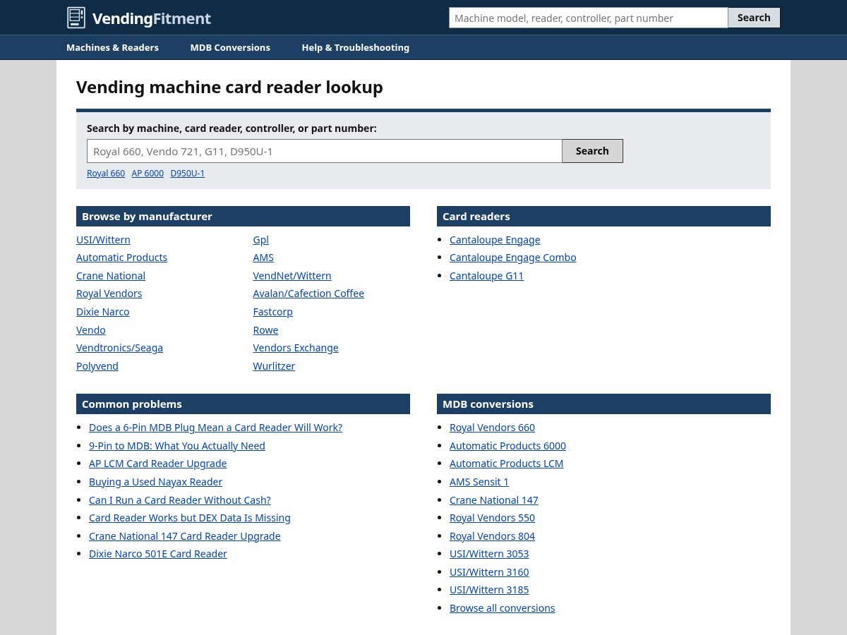 Landing-page snapshot of vendingfitment.com
