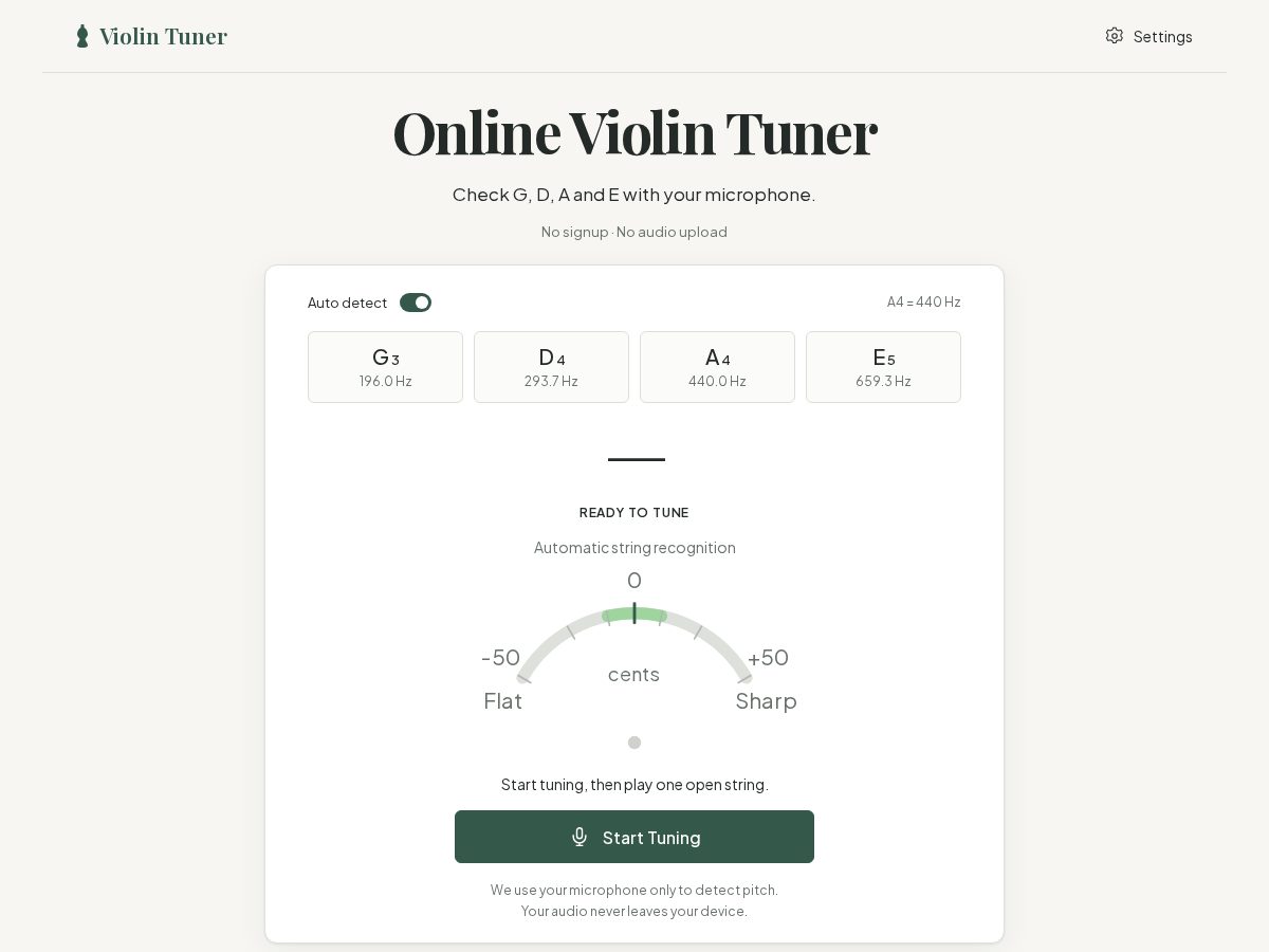 Landing-page snapshot of violin-tuner.app