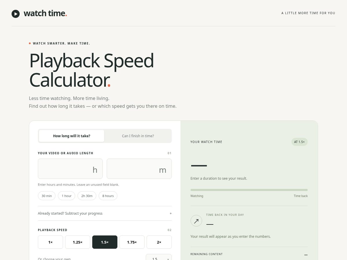 Landing-page snapshot of watchtimecalc.com