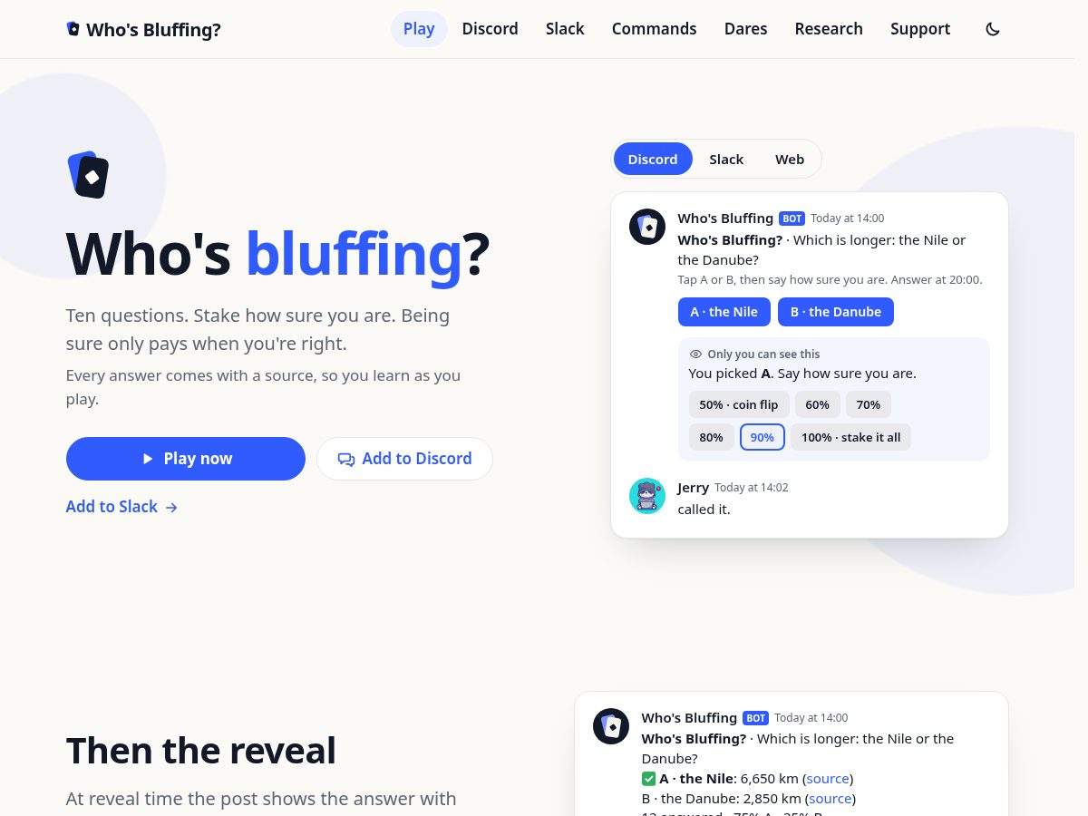 Landing-page snapshot of whosbluffing.com