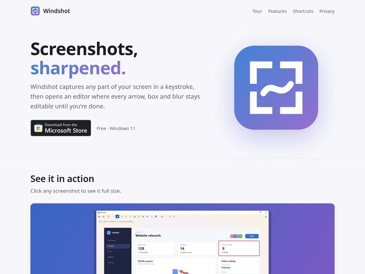 Landing-page snapshot of windshot.app