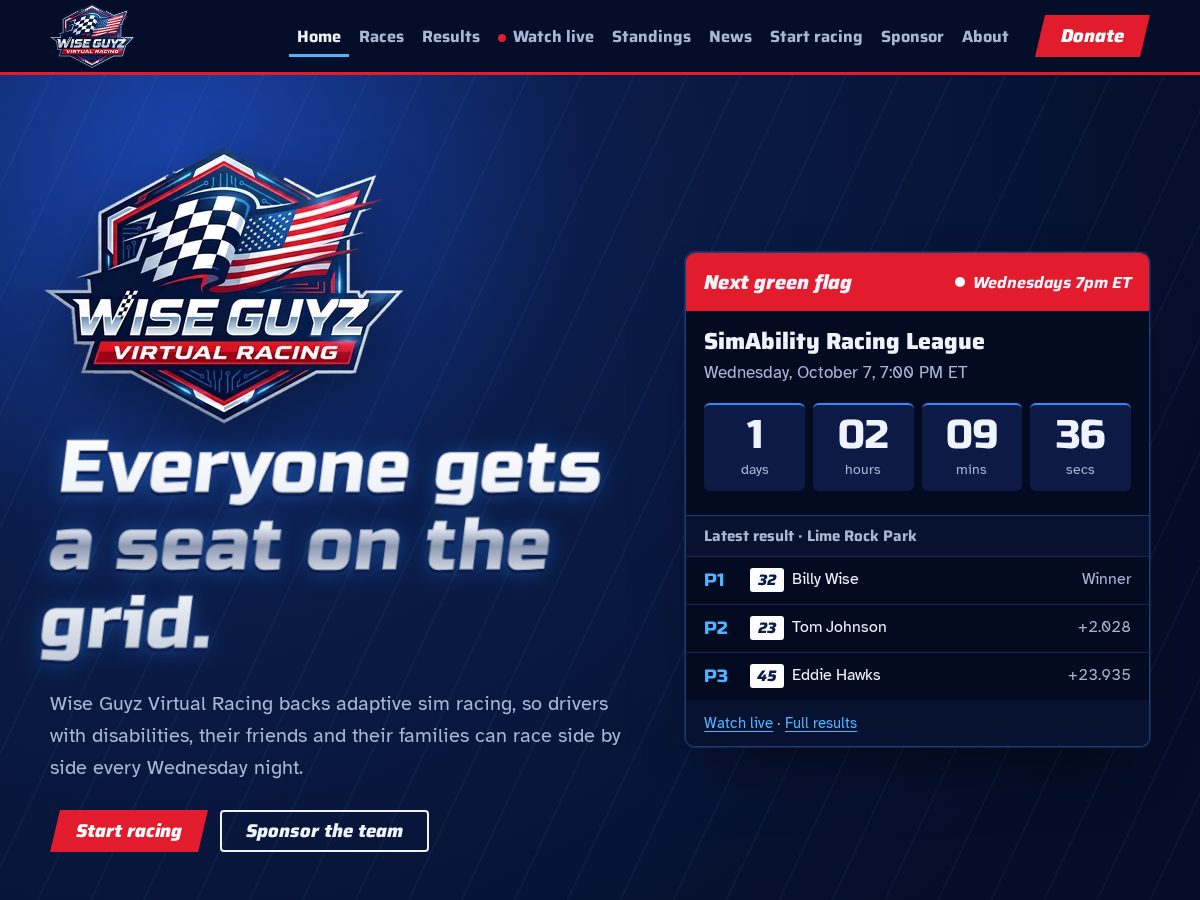 Landing-page snapshot of wiseguyzracing.com