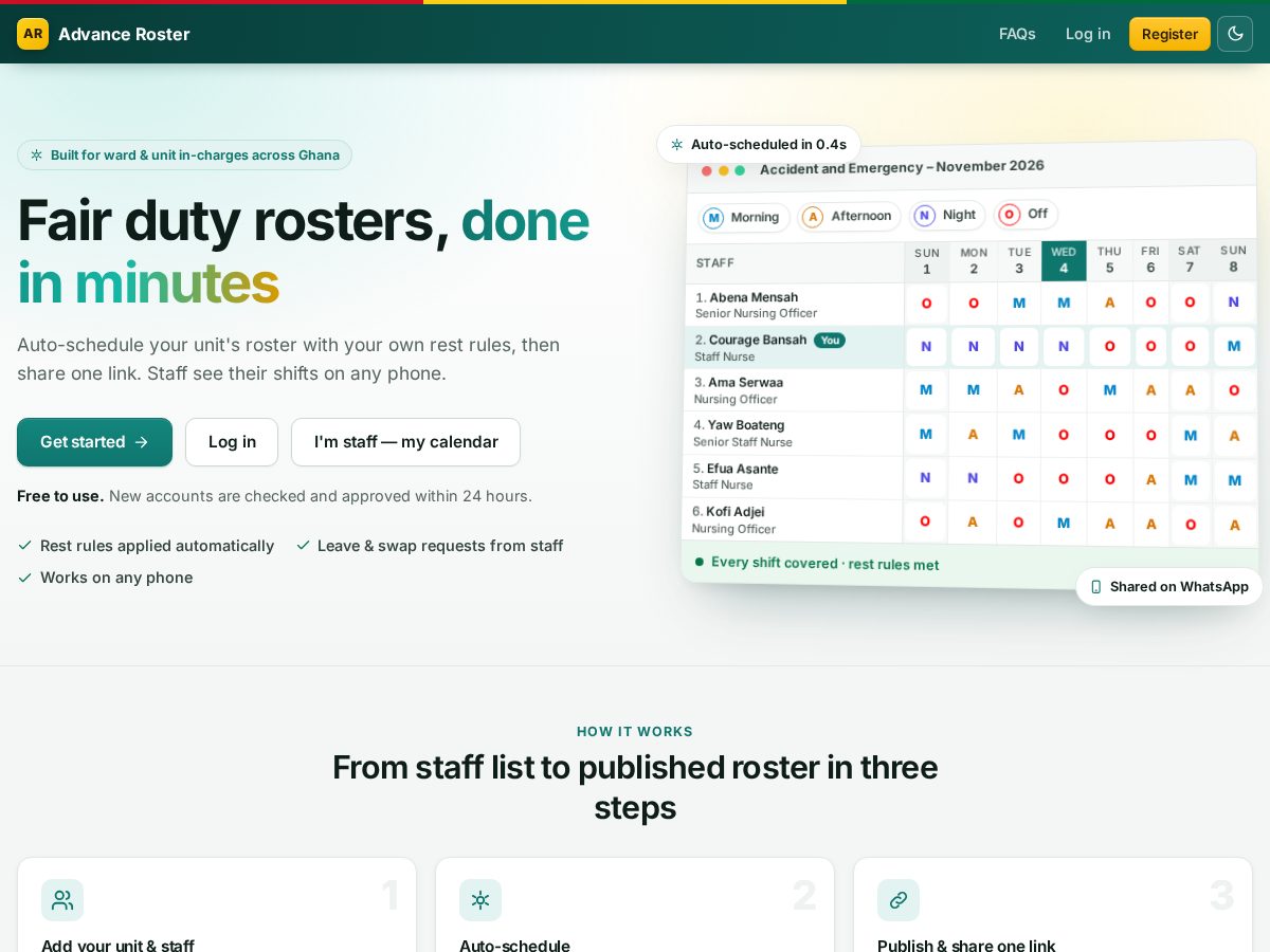 Landing-page snapshot of advanceroster.com