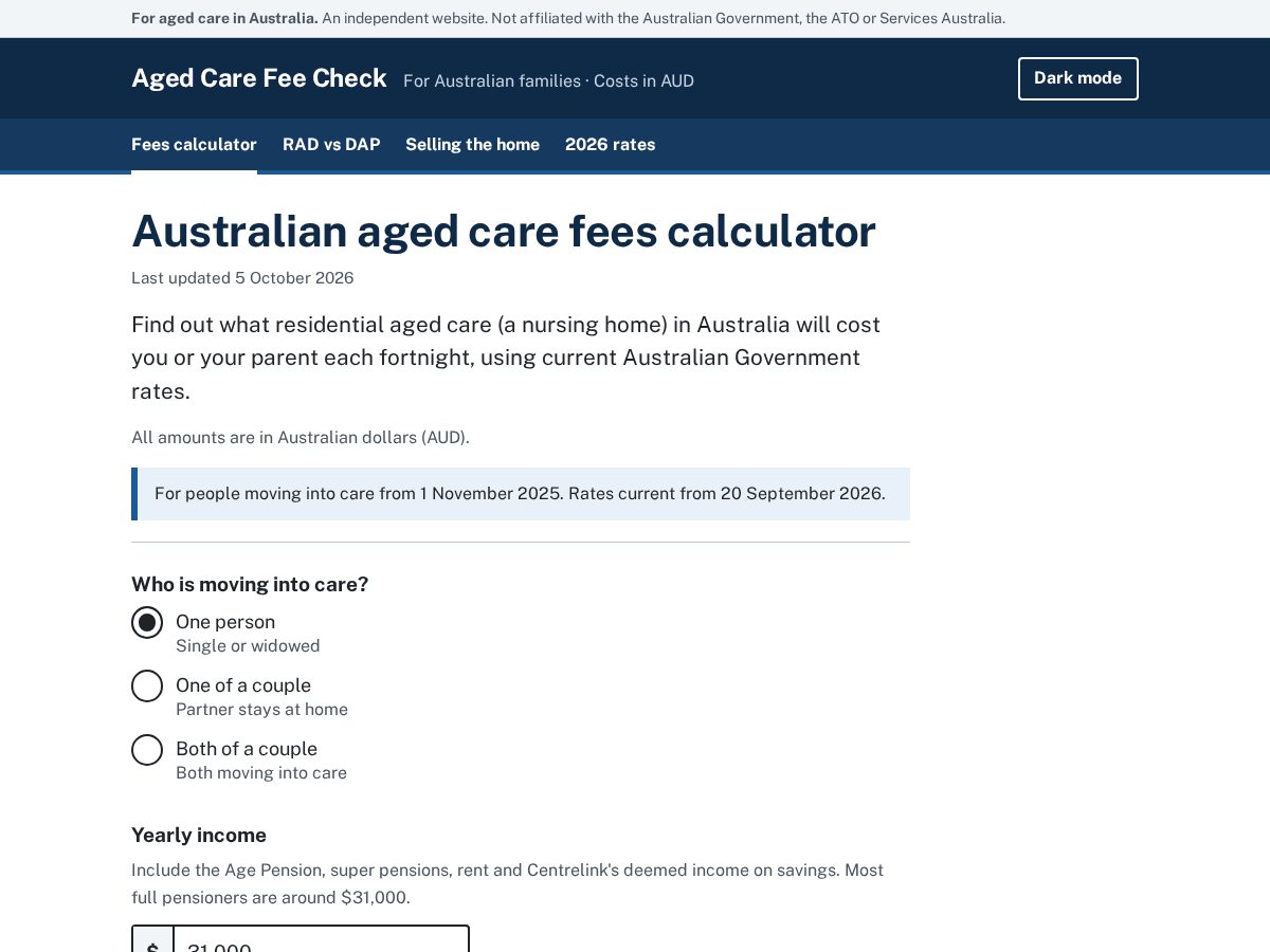 Landing-page snapshot of agedcarefeecheck.com