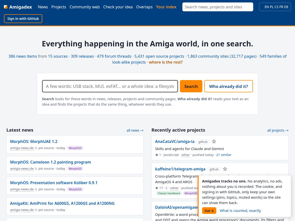 Landing-page snapshot of amigadex.com
