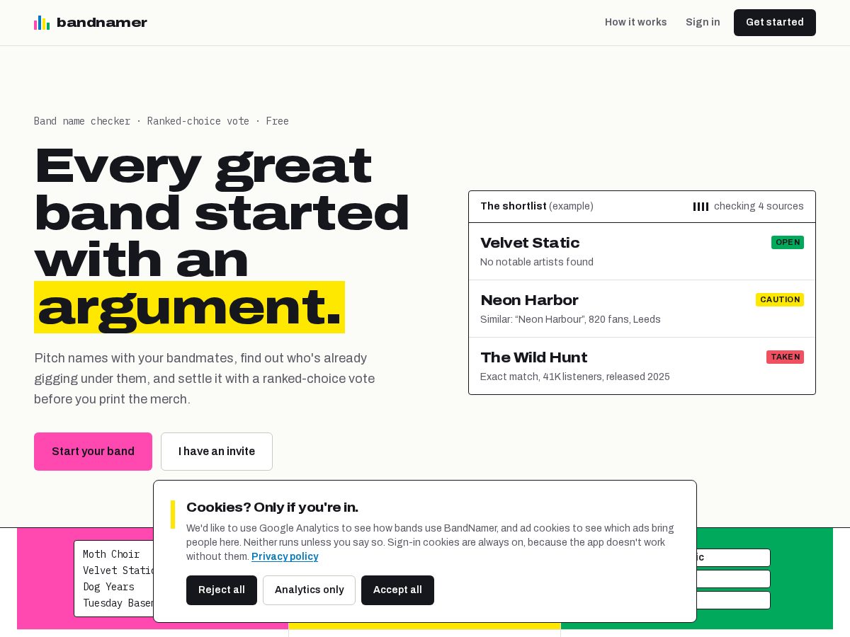 Landing-page snapshot of bandnamer.website