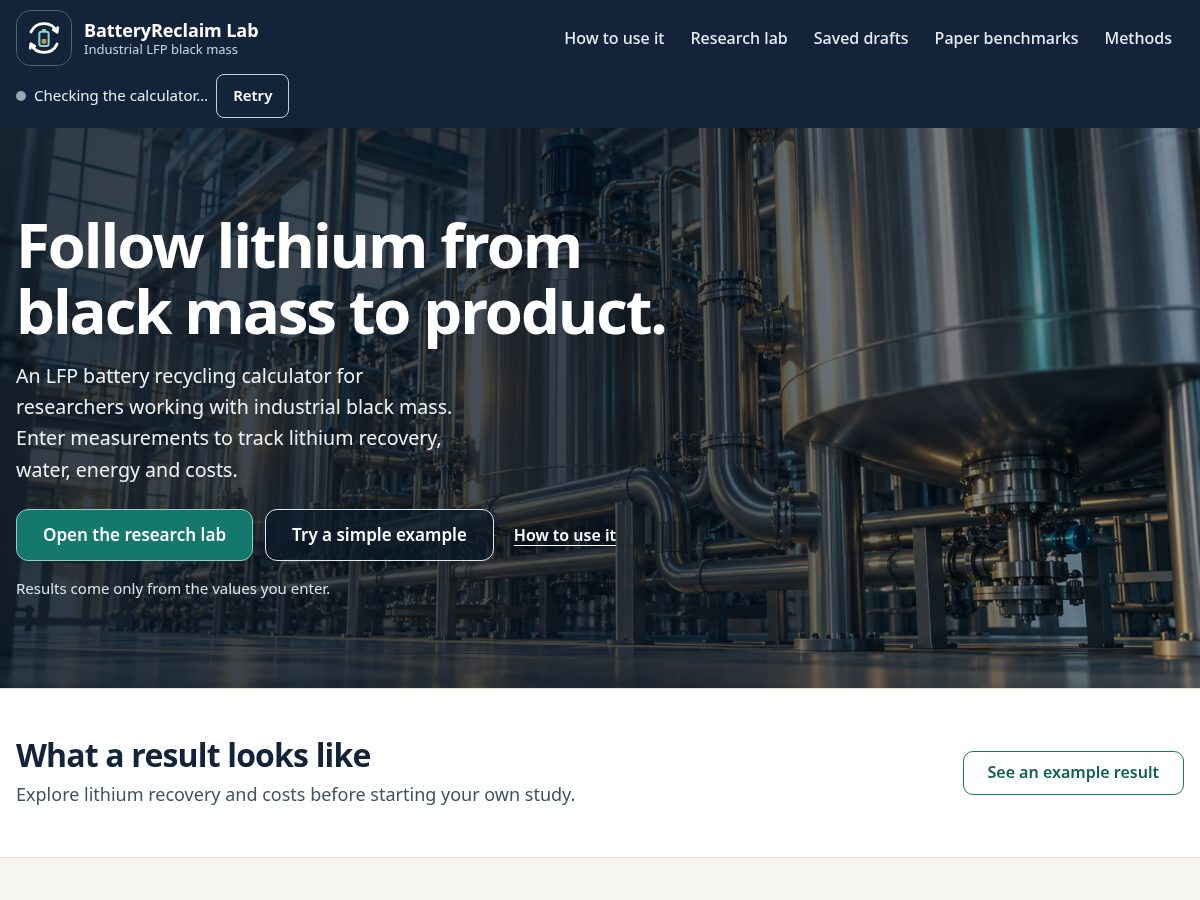 Landing-page snapshot of batteryreclaimlab.com