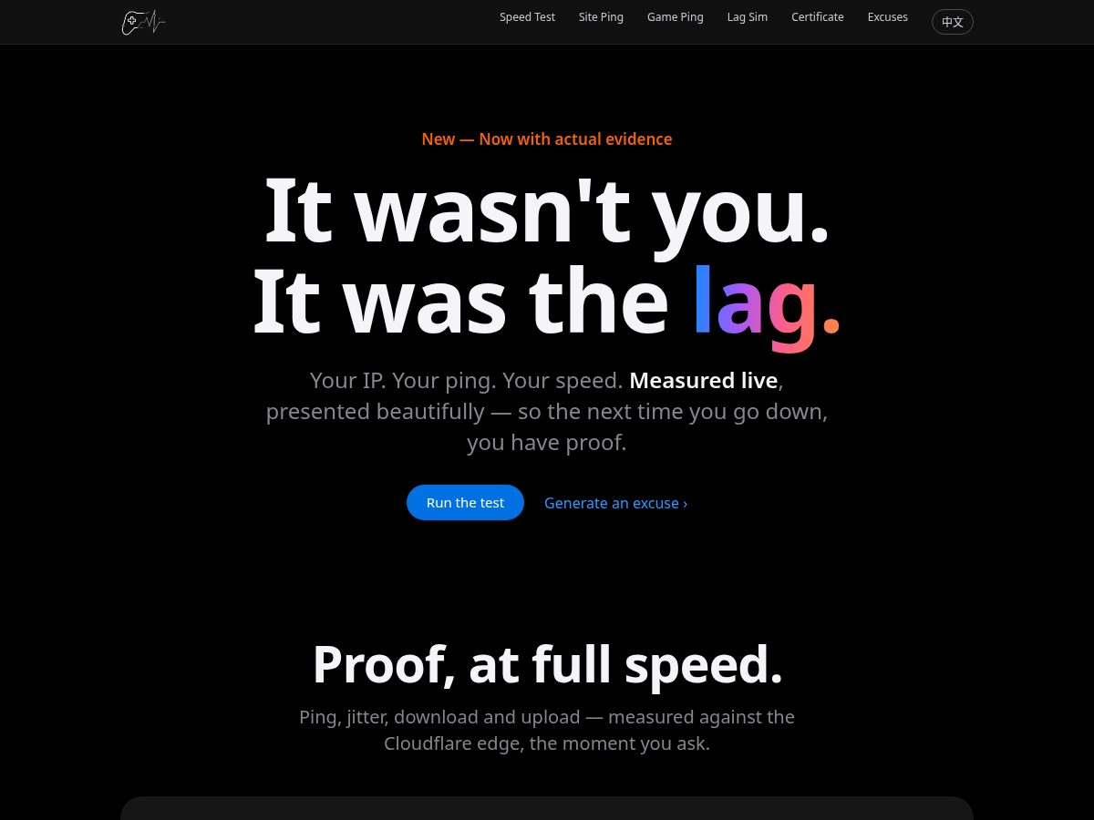 Landing-page snapshot of blamethelag.com