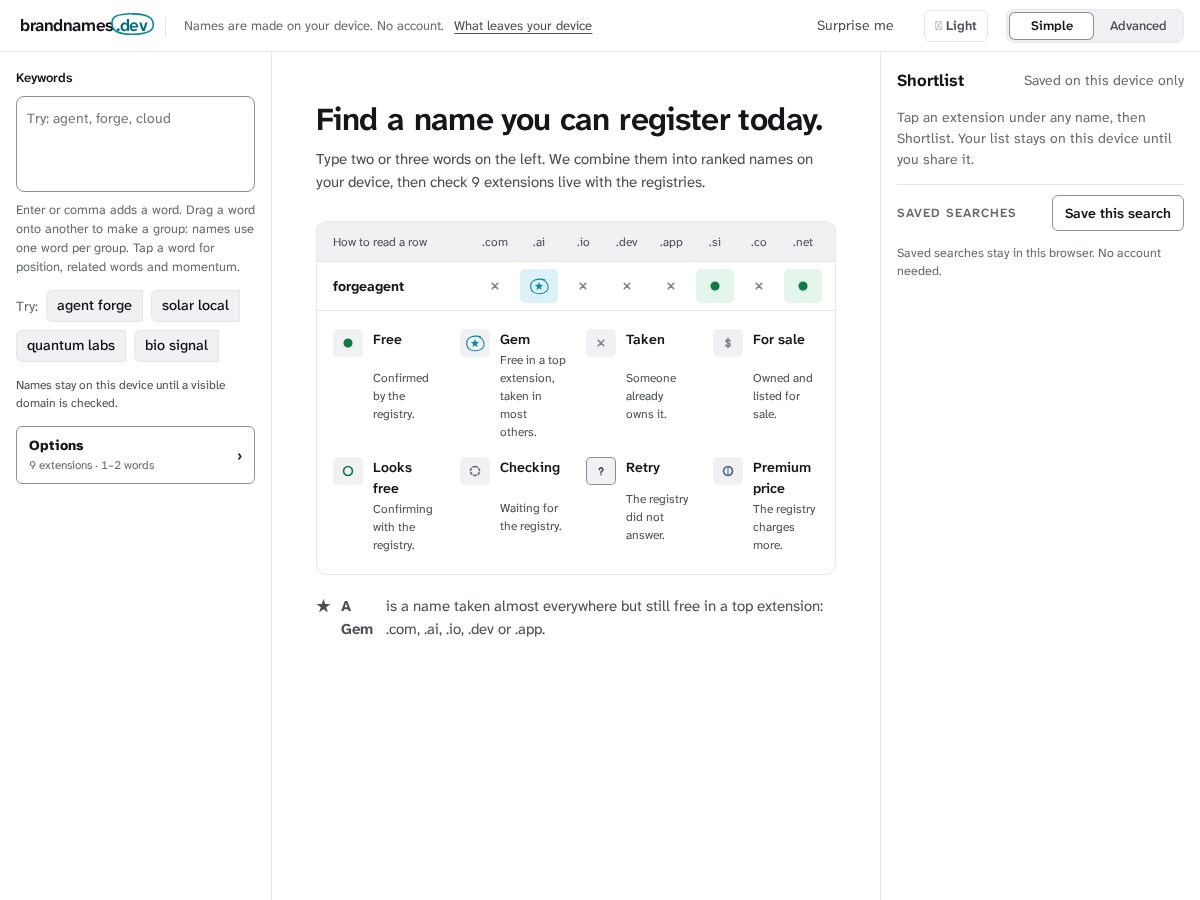 Landing-page snapshot of brandnames.dev