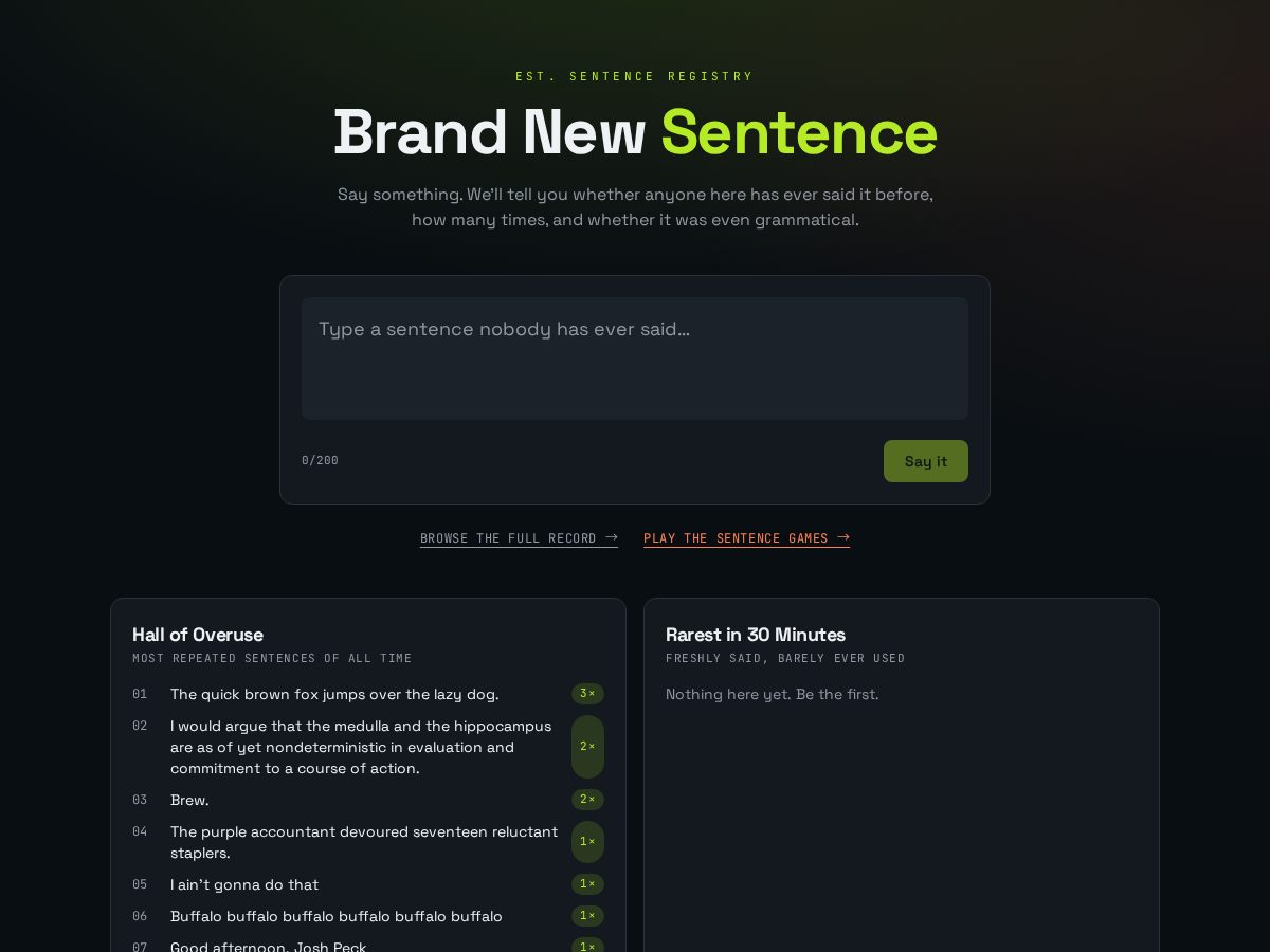 Landing-page snapshot of brandnewsentences.com
