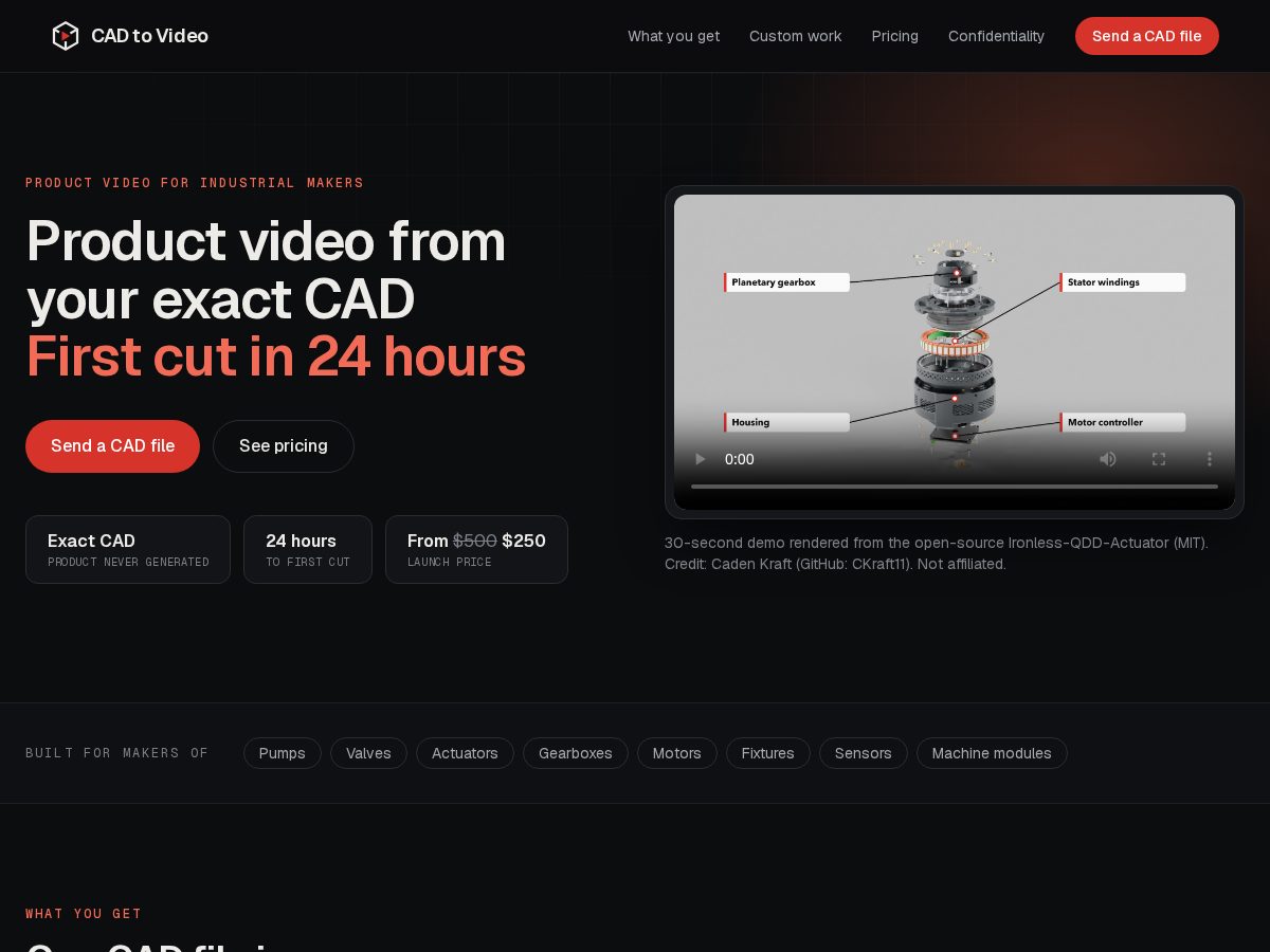 Landing-page snapshot of cadtovideo.com