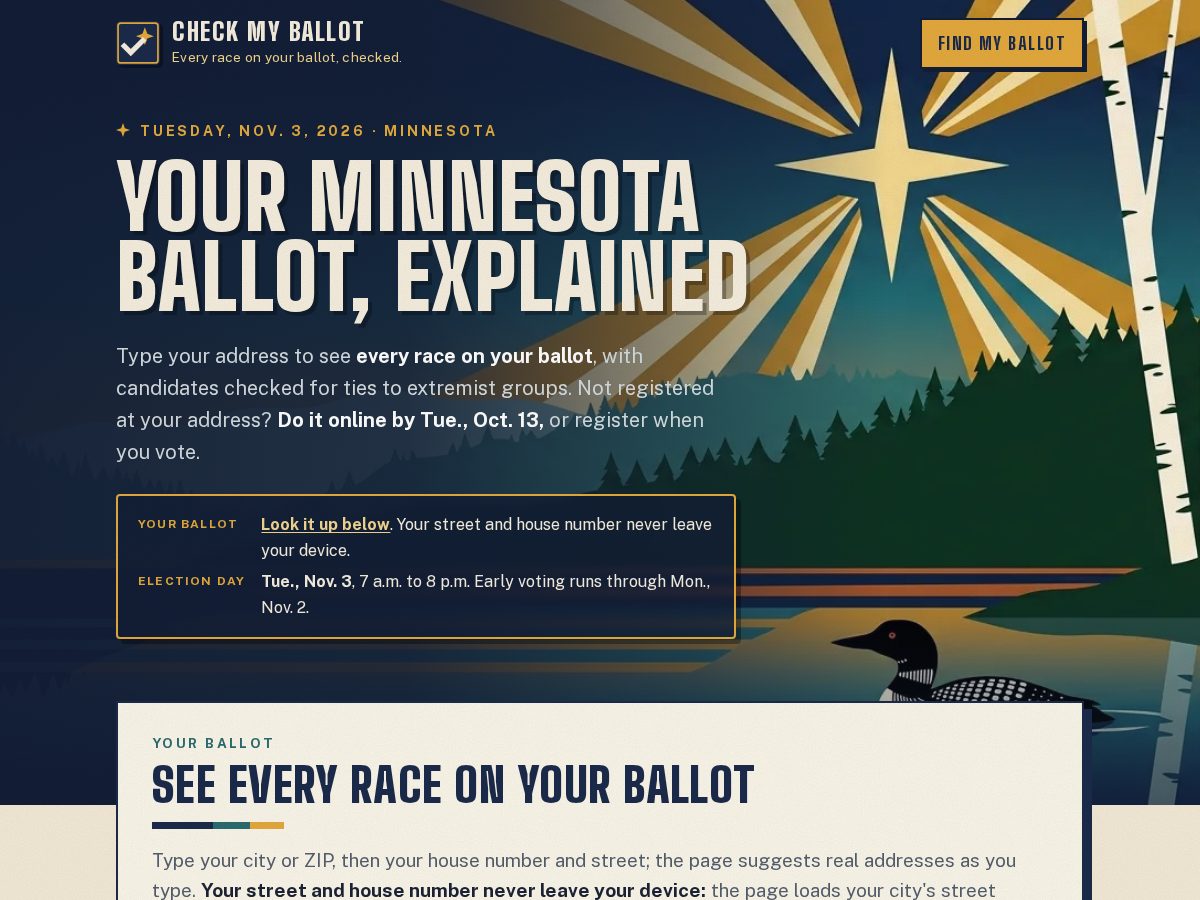 Landing-page snapshot of checkmyballot.com