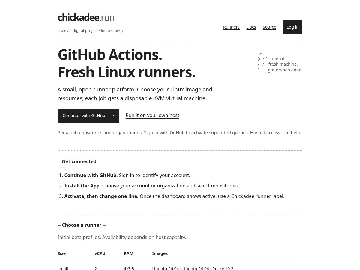Landing-page snapshot of chickadee.run