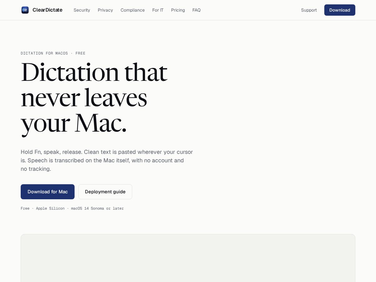 Landing-page snapshot of cleardictate.com