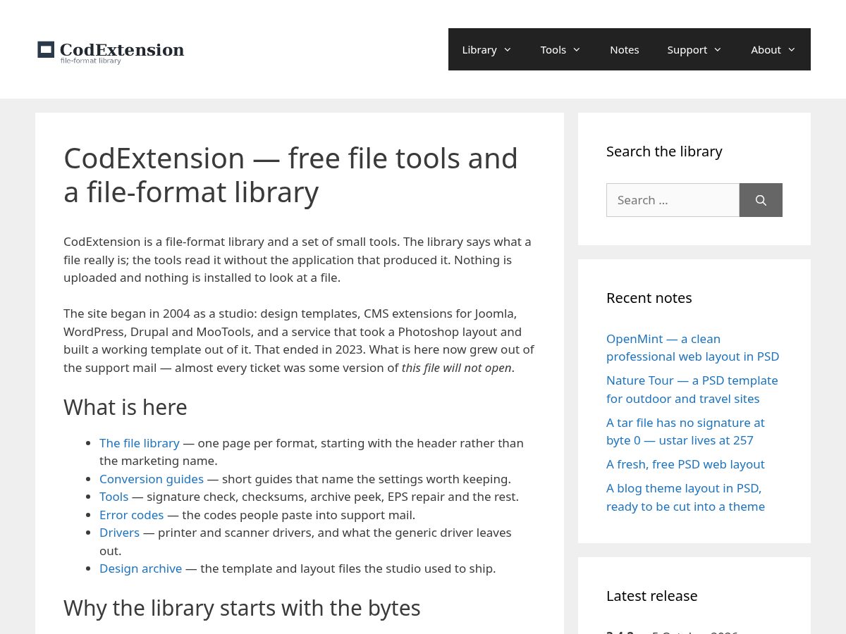 Landing-page snapshot of codextension.com