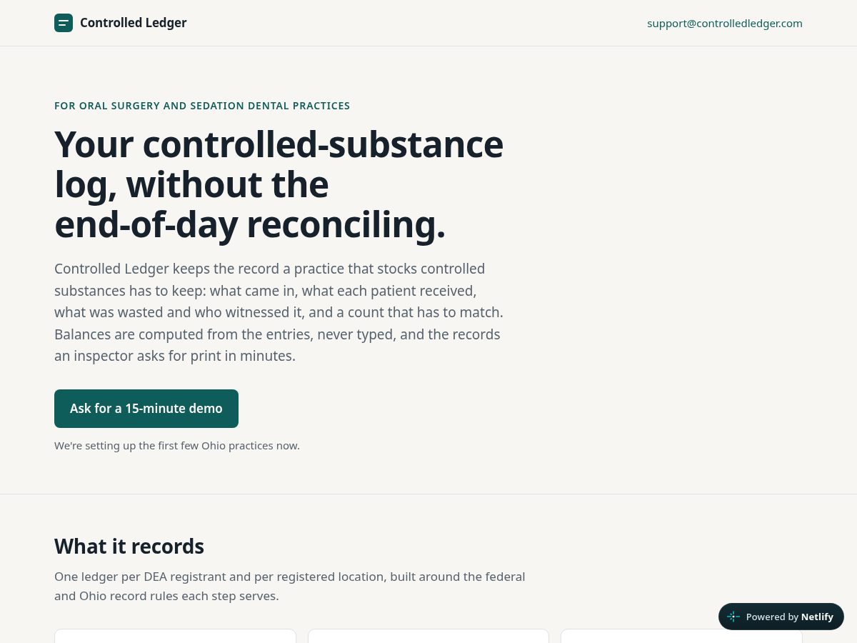 Landing-page snapshot of controlledledger.com