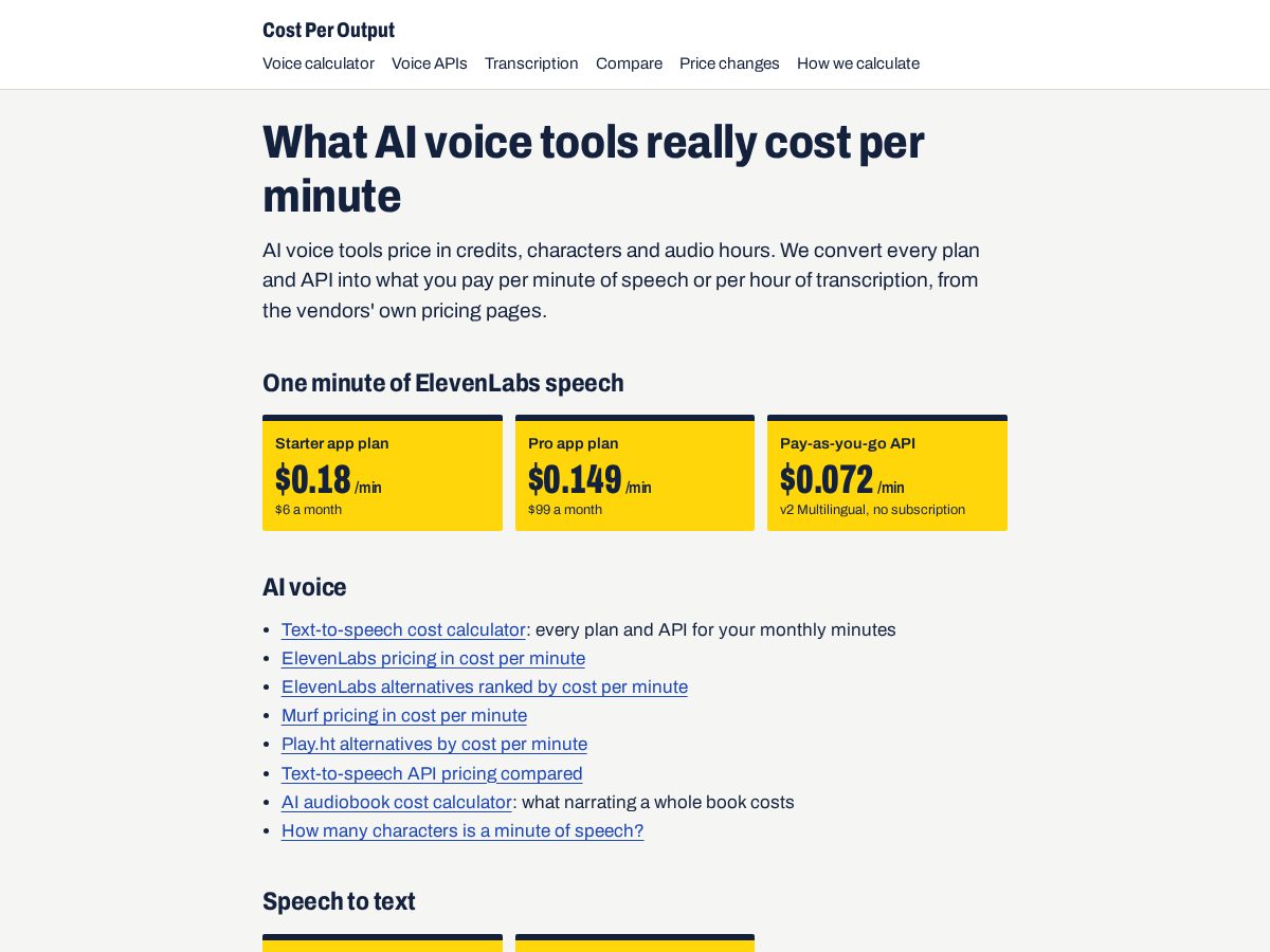 Landing-page snapshot of costperoutput.com