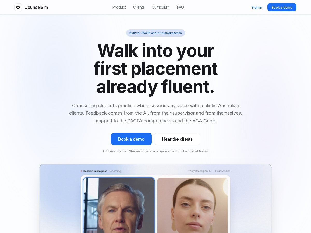 Landing-page snapshot of counselsim.com