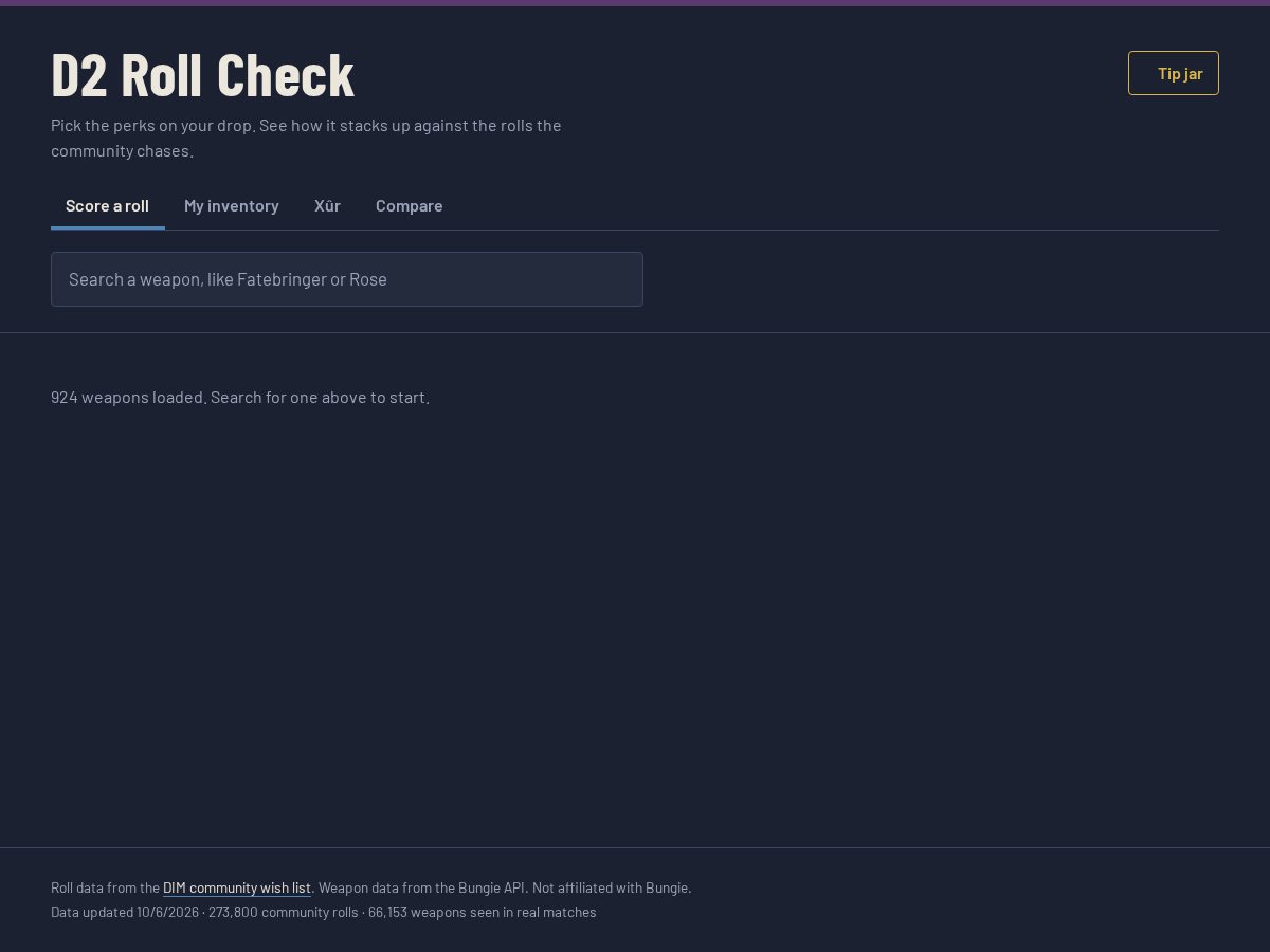Landing-page snapshot of d2rollcheck.com