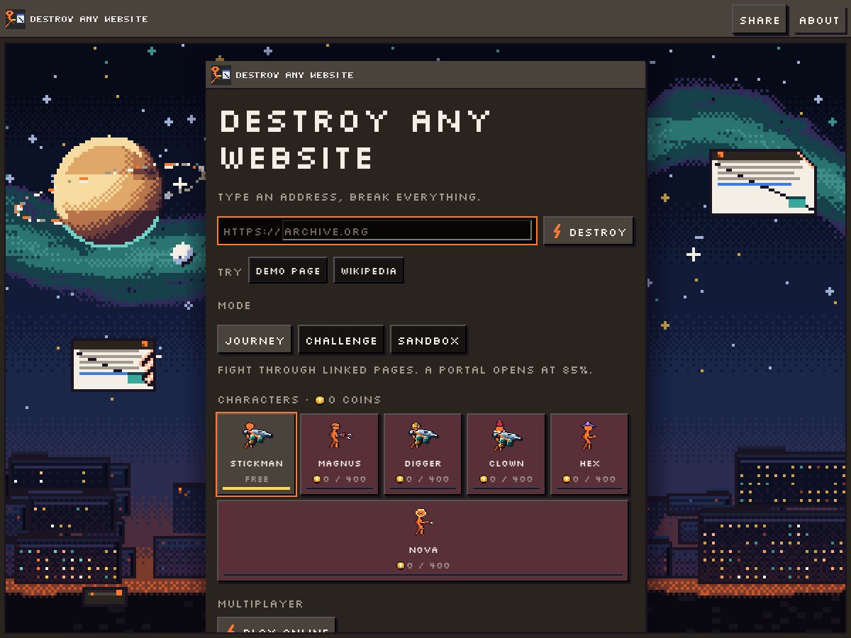 Landing-page snapshot of destroyanywebsite.dev