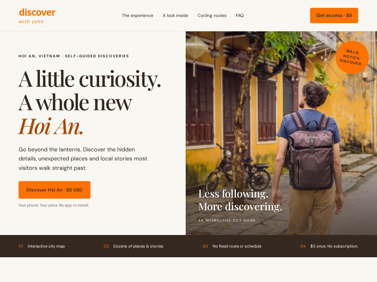 Landing-page snapshot of discoverhoianwithjohn.com