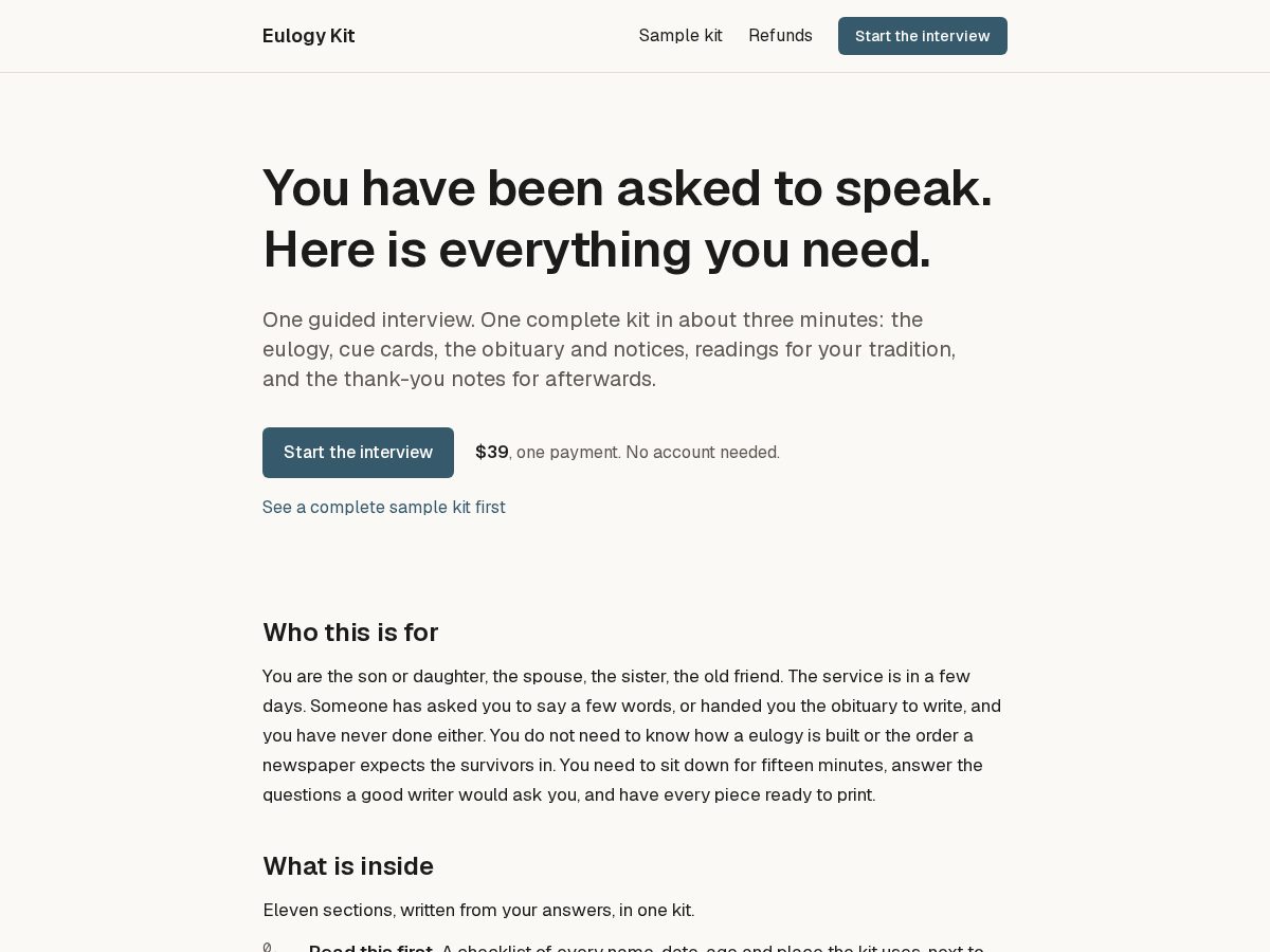 Landing-page snapshot of eulogykit.com