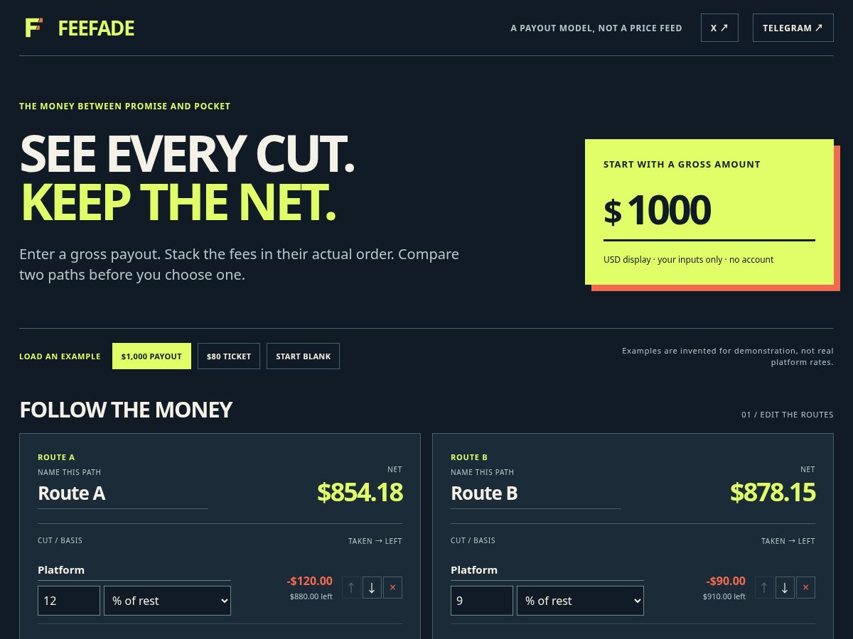 Landing-page snapshot of feefade.xyz