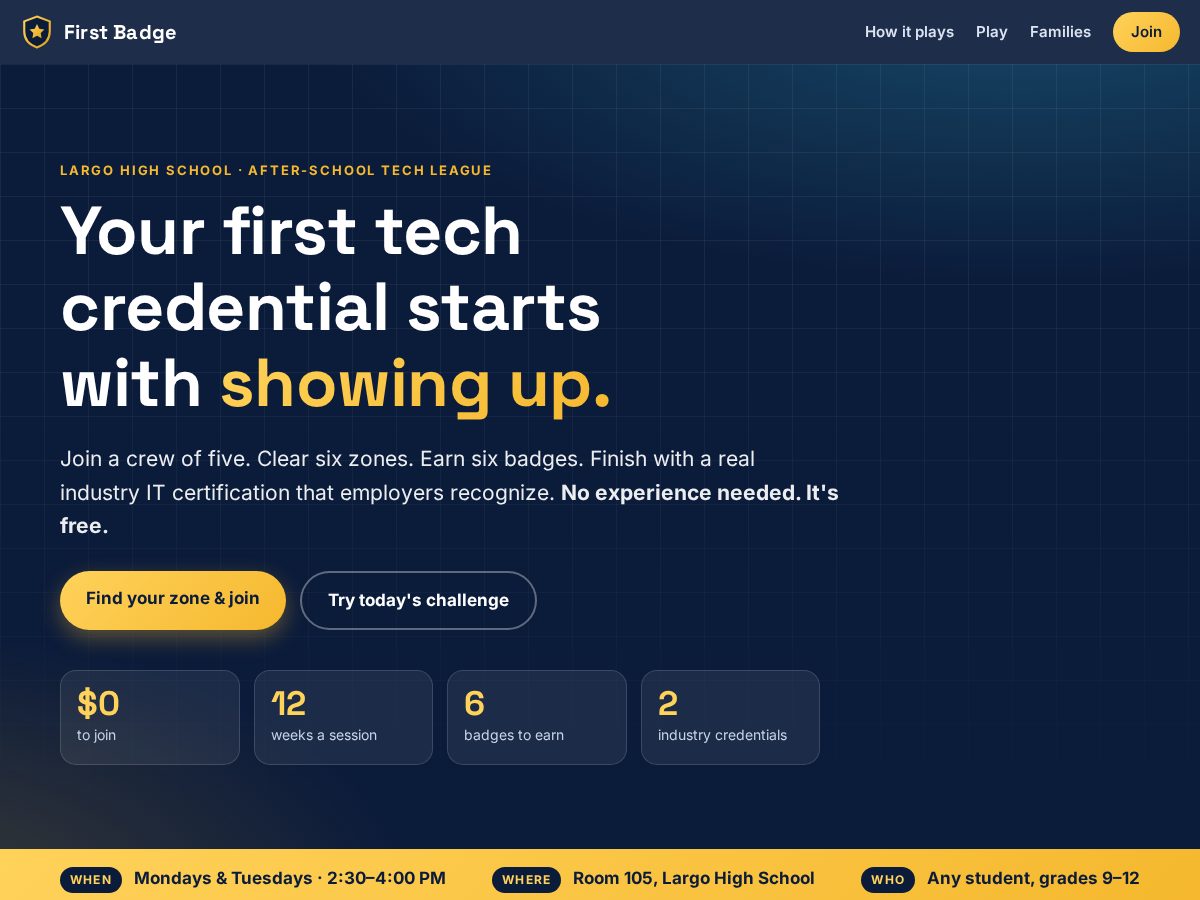 Landing-page snapshot of firstbadge.org