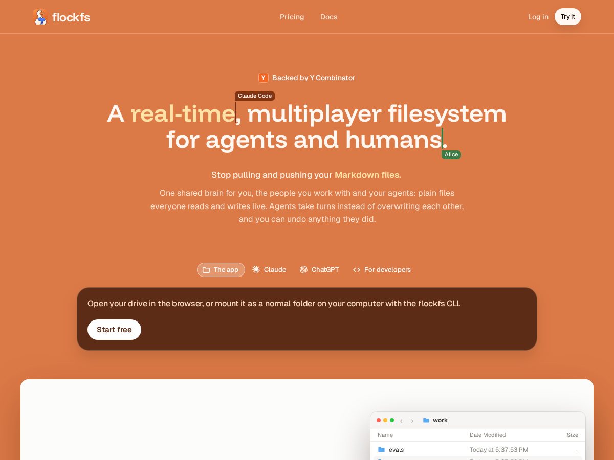 Landing-page snapshot of flockfs.com