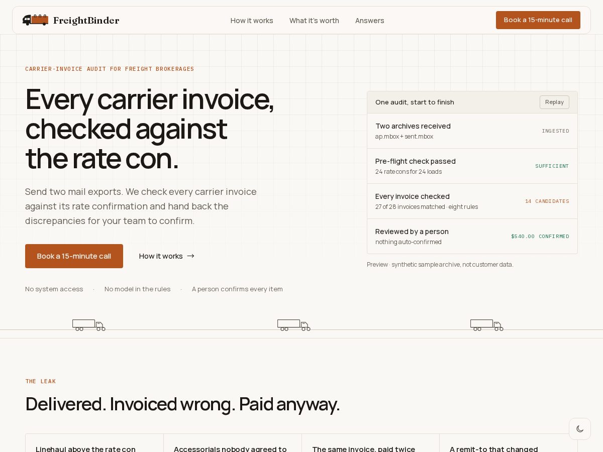 Landing-page snapshot of freightbinder.com
