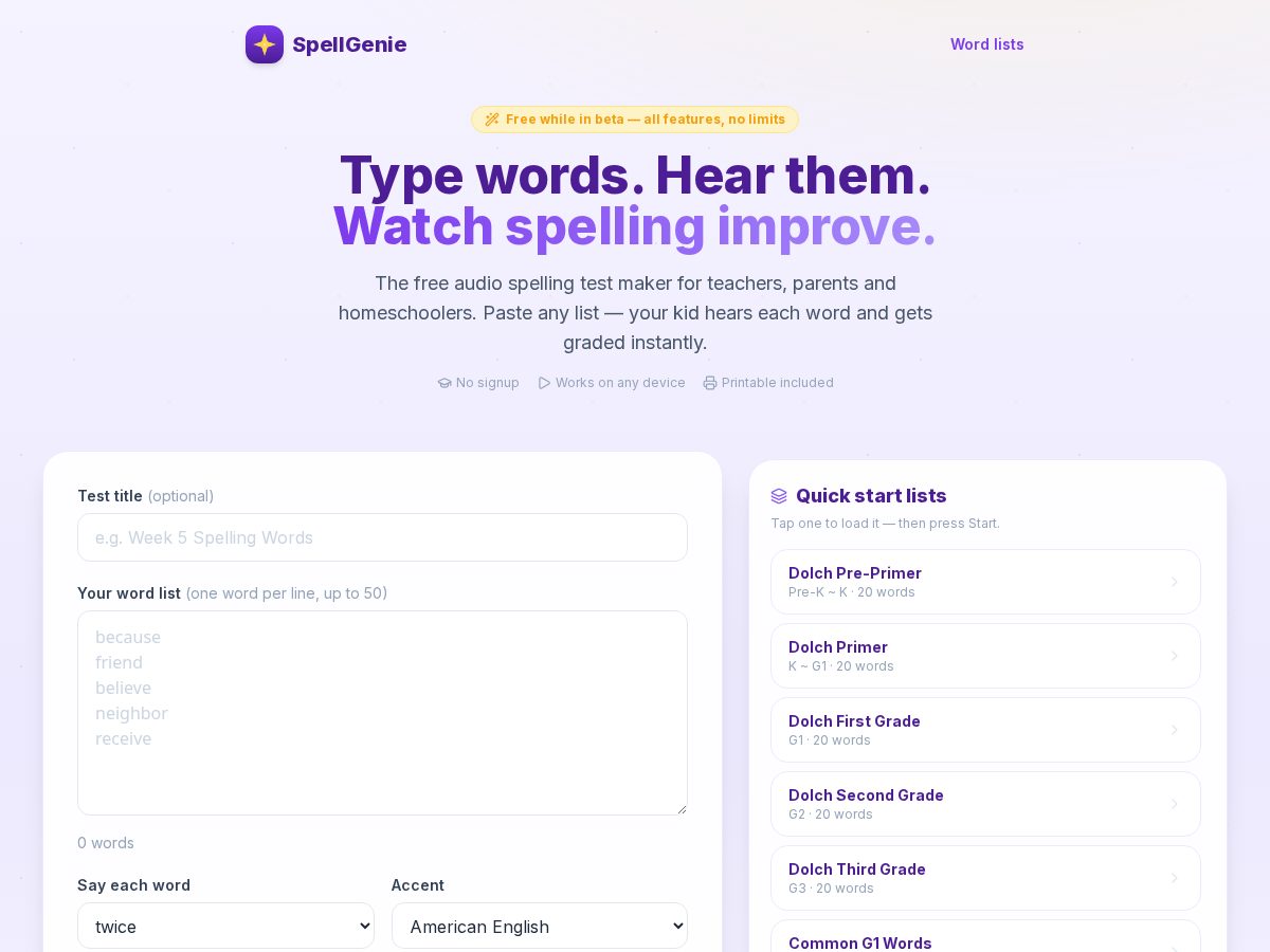 Landing-page snapshot of getspellgenie.com