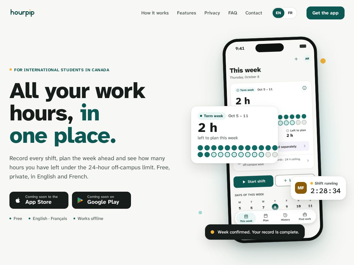 Landing-page snapshot of hourpip.com