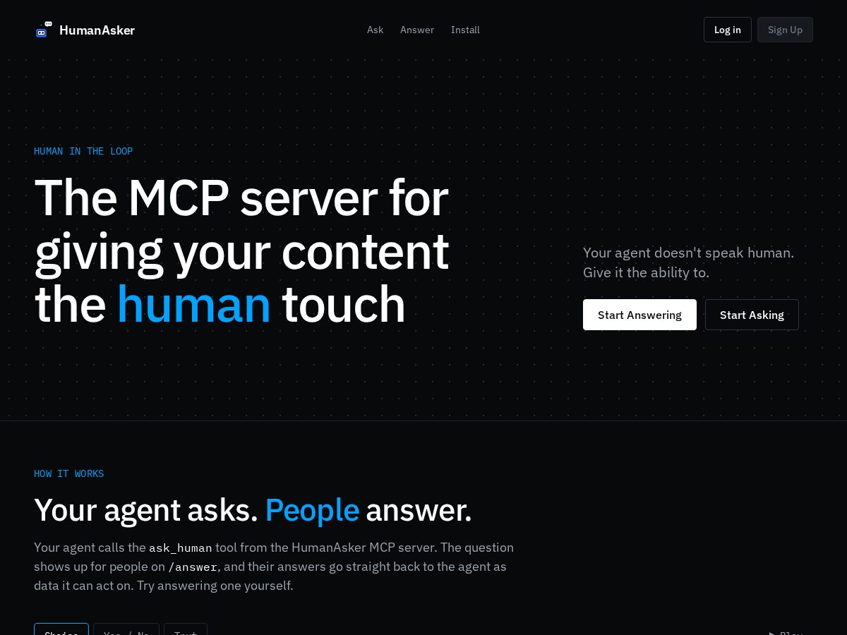 Landing-page snapshot of humanasker.com