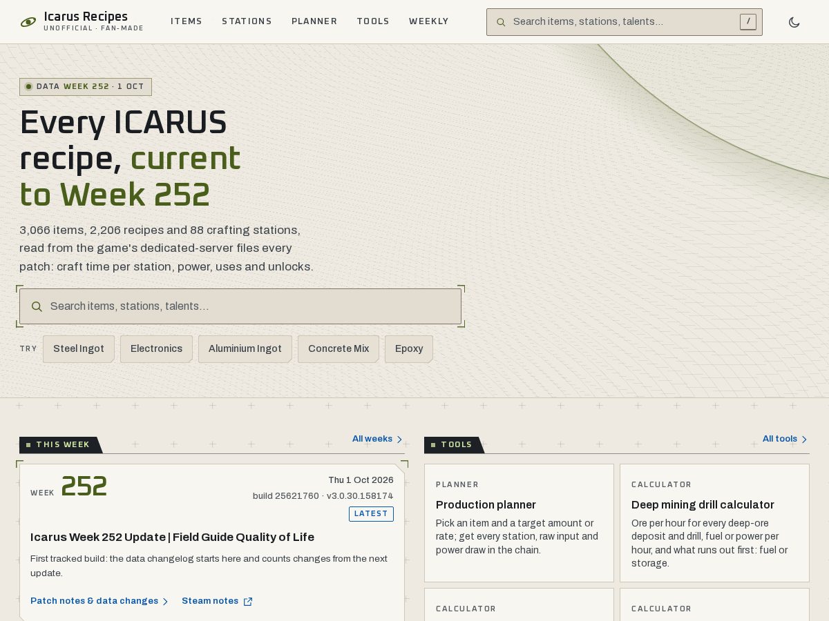 Landing-page snapshot of icarusrecipes.com