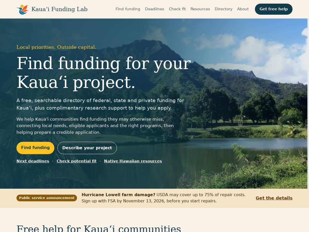 Landing-page snapshot of kauaifundinglab.com