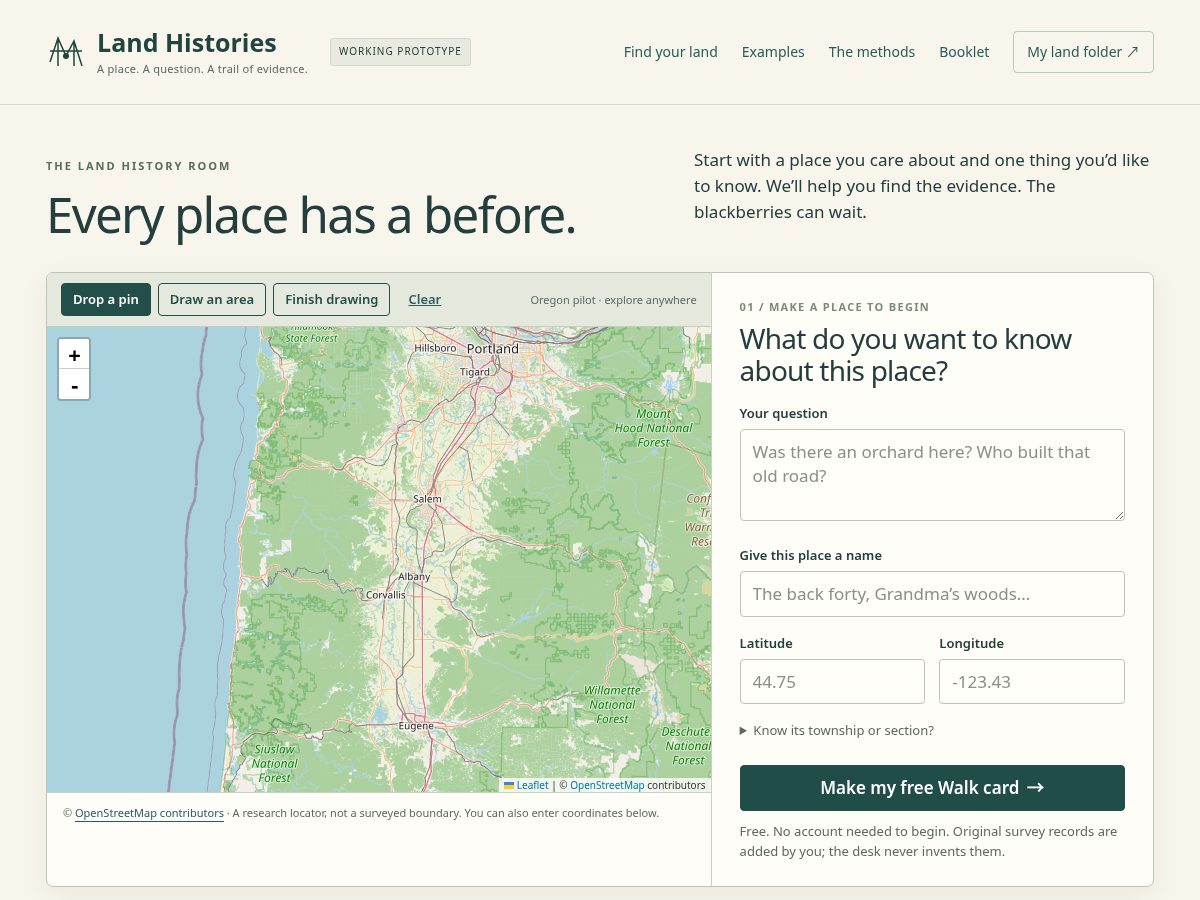 Landing-page snapshot of landhistories.com