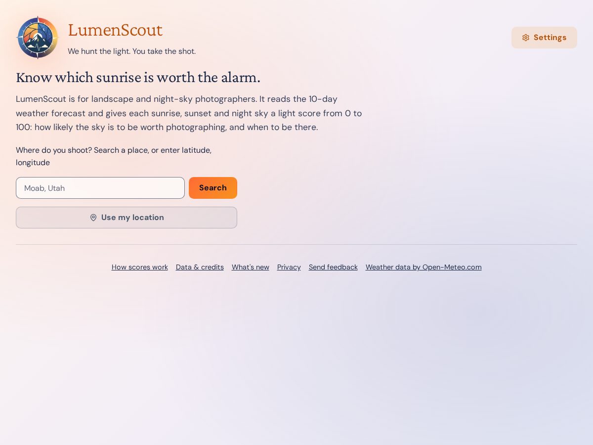 Landing-page snapshot of lumenscout.com