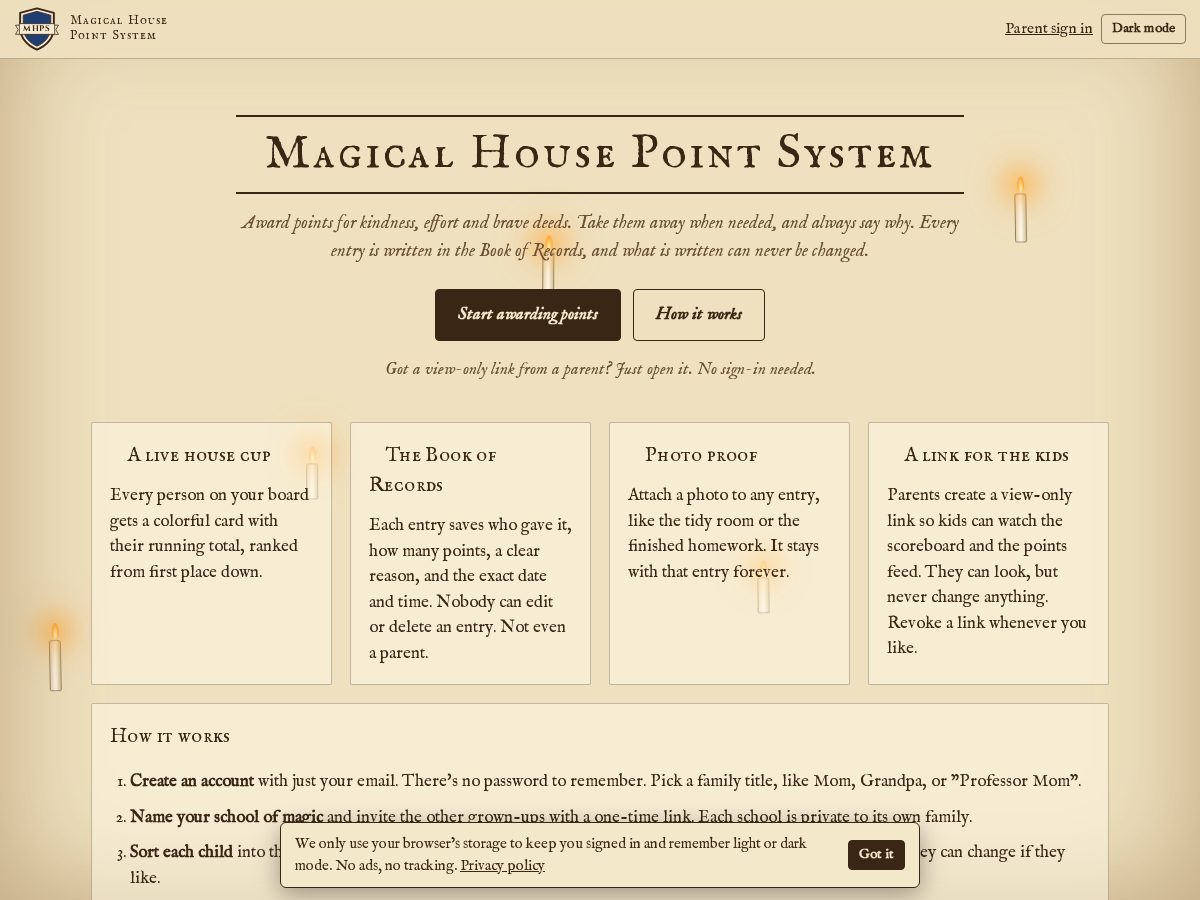 Landing-page snapshot of magicalhousepointsystem.com