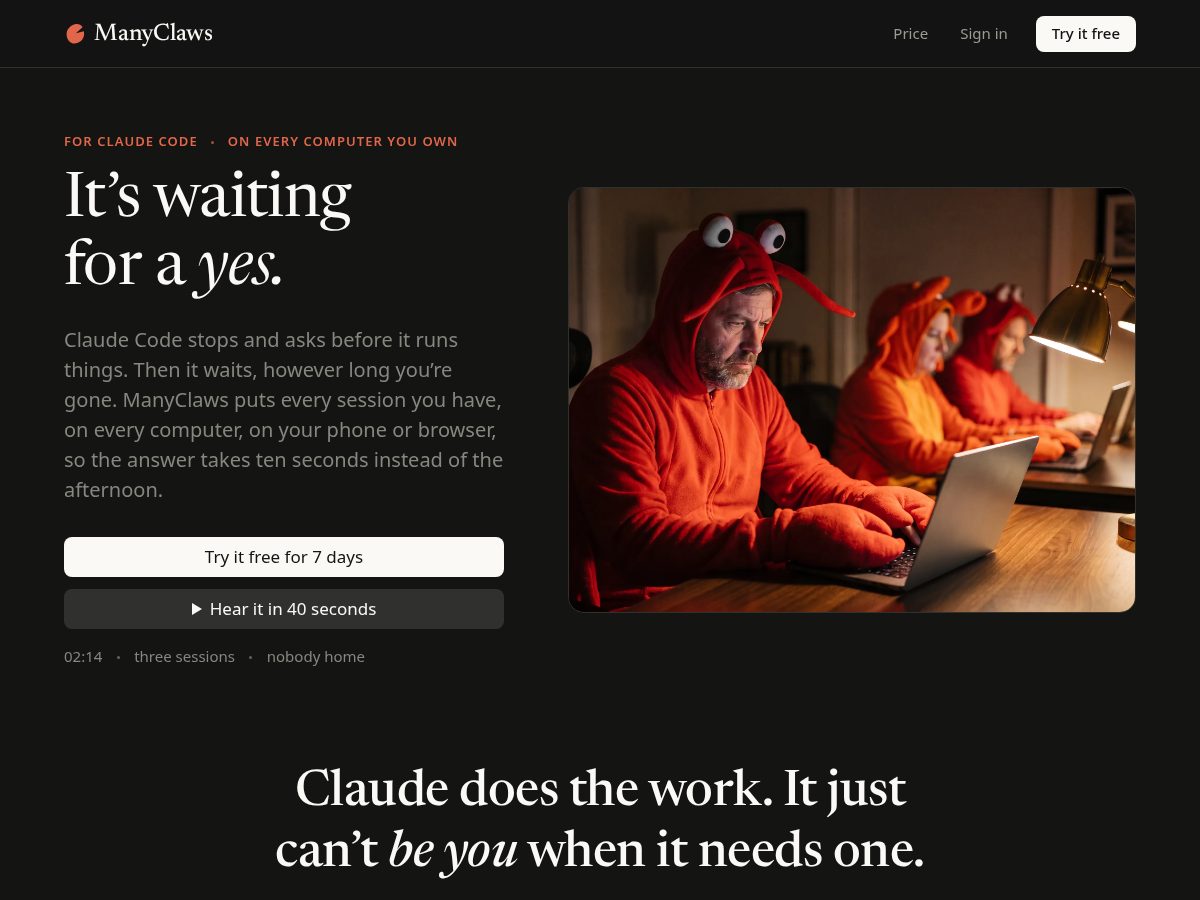 Landing-page snapshot of manyclaws.dev