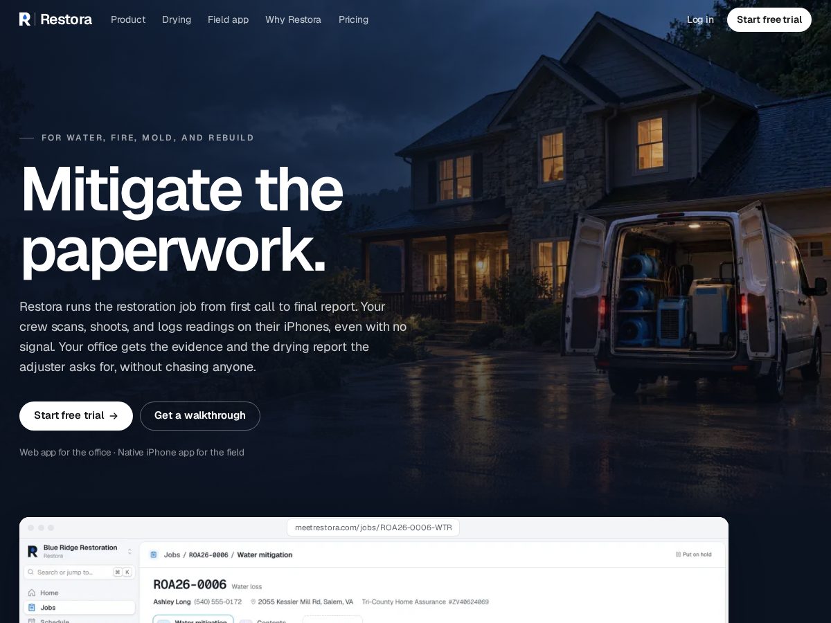 Landing-page snapshot of meetrestora.com