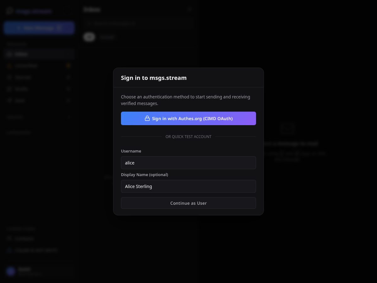 Landing-page snapshot of msgs.stream