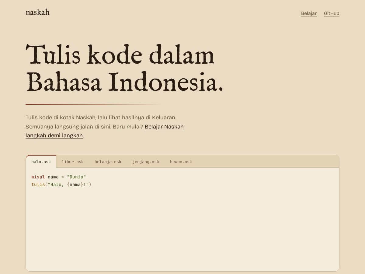 Landing-page snapshot of naskah.dev