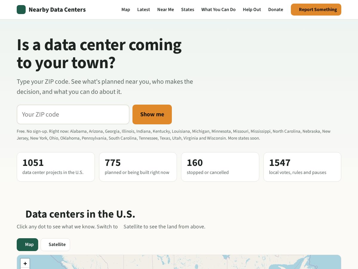 Landing-page snapshot of nearbydatacenters.org