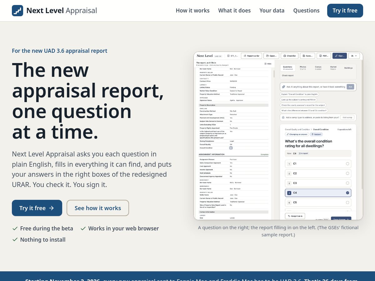 Landing-page snapshot of nextlevelappraisal.com