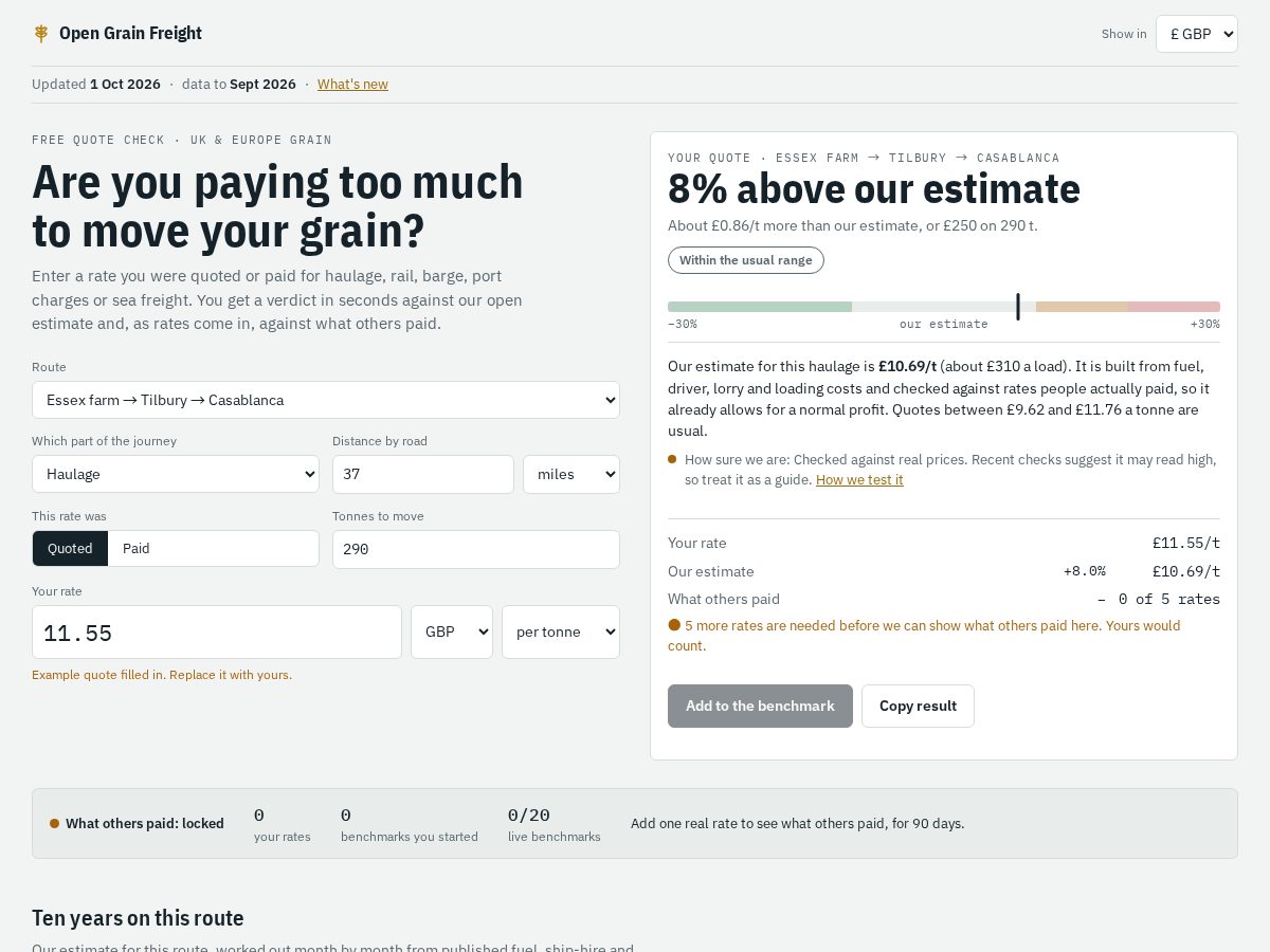 Landing-page snapshot of opengrainfreight.com
